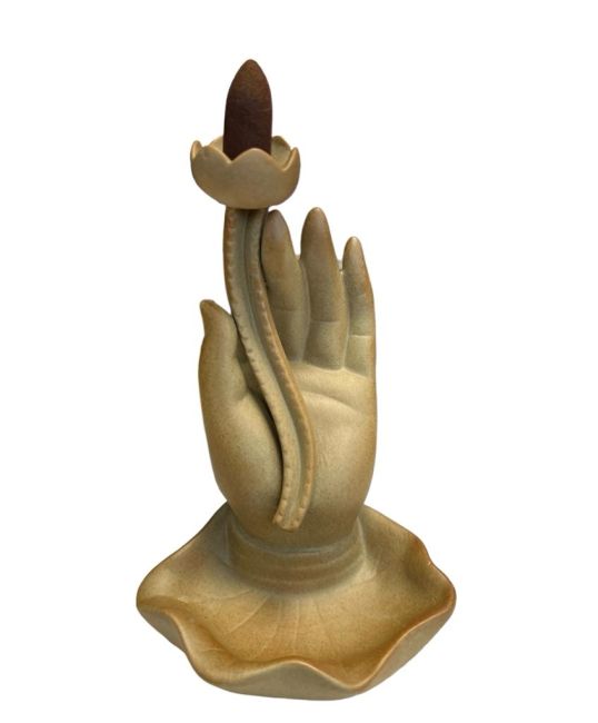 Porta incenso a riflusso Mano di Buddha in ceramica beige - Loto 16 cm