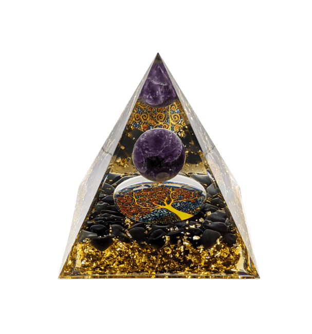 Piramide di orgonite Ametista & Ossidiana nera Albero della vita