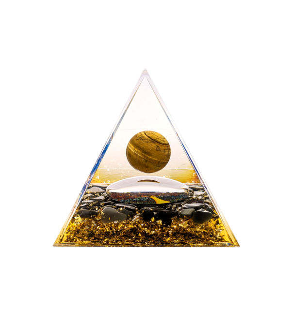 Piramide dell'occhio di tigre di orgonite & albero della vita di ossidiana nera