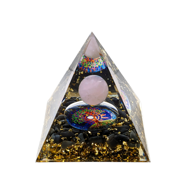 Piramide di orgonite Quarzo rosa & ossidiana nera Albero della vita