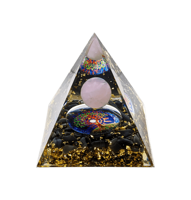 Piramide di orgonite Quarzo rosa & ossidiana nera Albero della vita