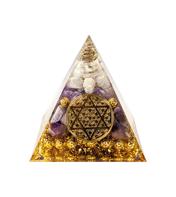 Piramide di orgonite, cristallo di rocca & pentacolo del fiore della vita di ametista