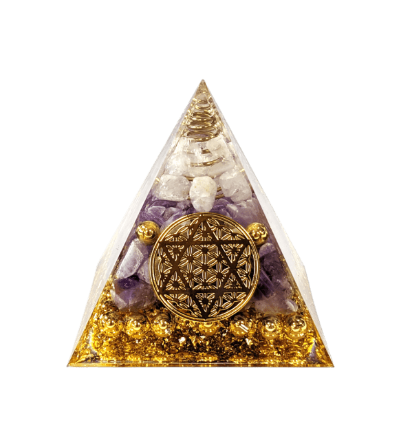 Piramide di orgonite, cristallo di rocca & pentacolo del fiore della vita di ametista