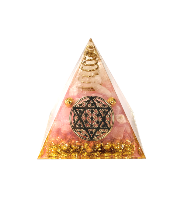 Piramide di orgonite, cristallo di rocca & pentacolo di fiore della vita in quarzo rosa