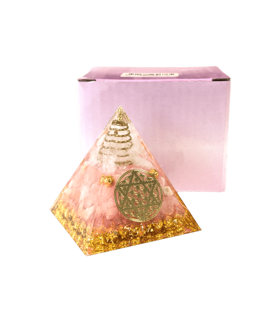 Piramide di orgonite, cristallo di rocca & pentacolo di fiore della vita in quarzo rosa