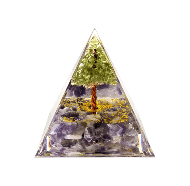 Piramide di orgonite Ametista & peridoto Albero della vita