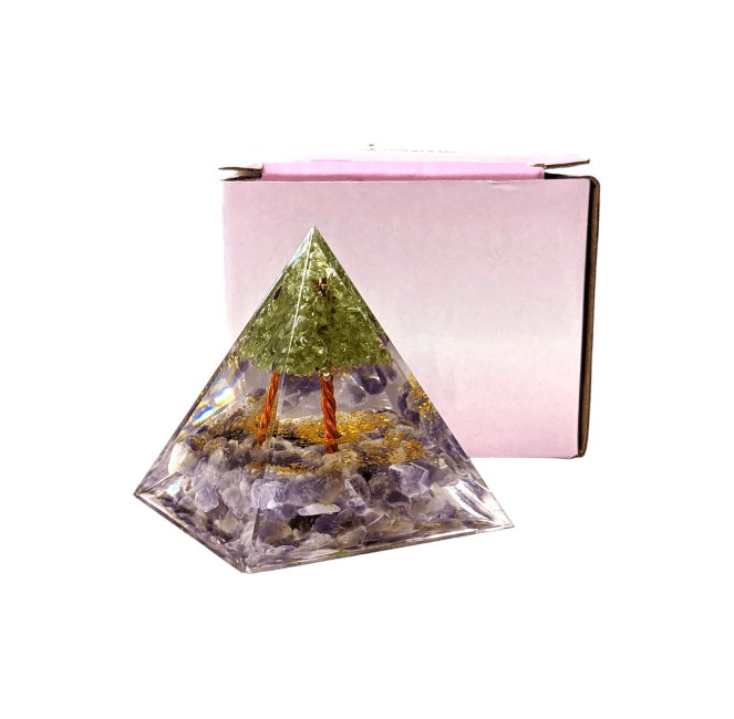 Piramide di orgonite Ametista & peridoto Albero della vita