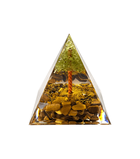 Piramide di orgonite Occhio di tigre & albero della vita di peridoto