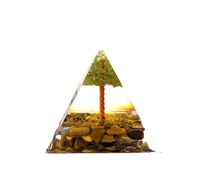 Piramide di orgonite Occhio di tigre & albero della vita di peridoto