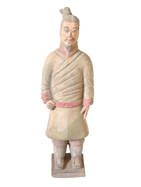 Statua antica del guerriero in terracotta colorata, 22 cm