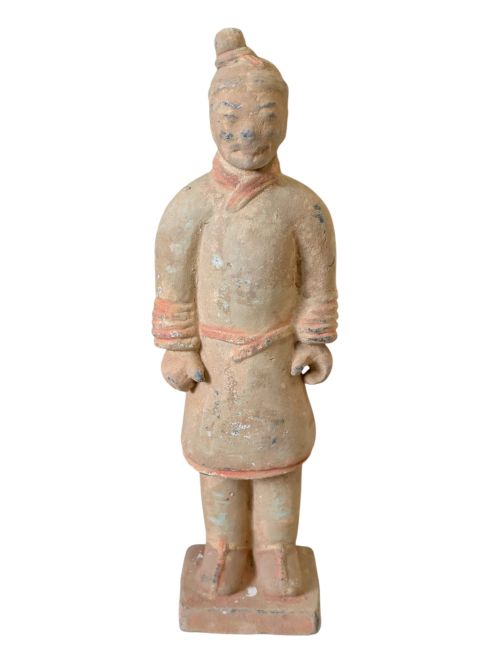 Statua antica del guerriero in terracotta colorata, 25 cm