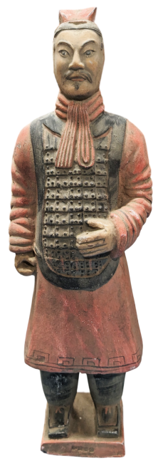 Statua antica di guerrieri in terracotta colorata con armatura, 38 cm
