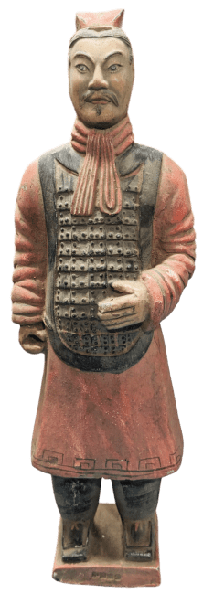 Statua antica di guerrieri in terracotta colorata con armatura, 38 cm