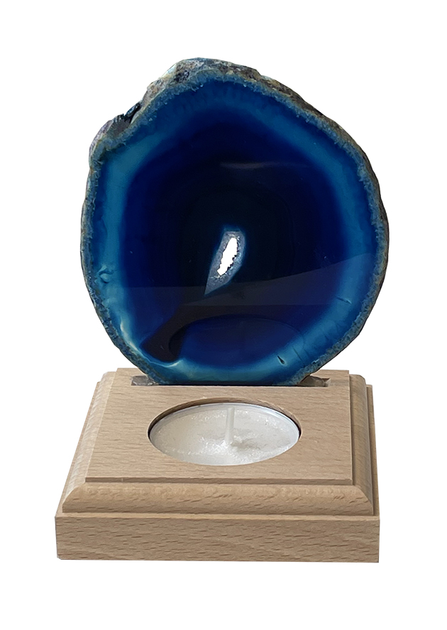 Candeliere fetta di Agata Blu su basamento in legno