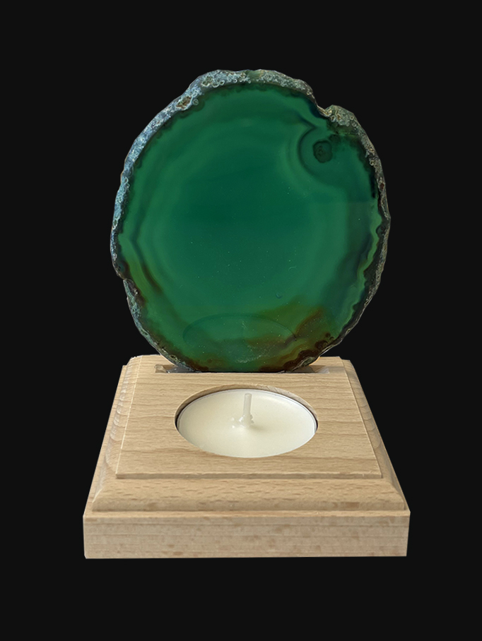 Candeliere fetta di Agata Verde su basamento in legno