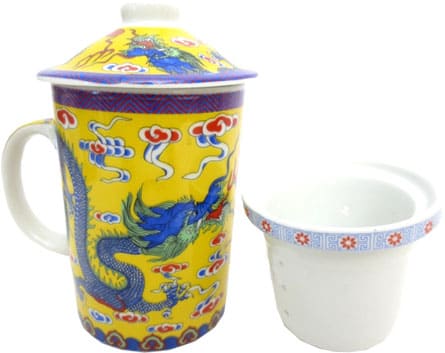 Tazza da teiera in porcellana gialla con drago blu