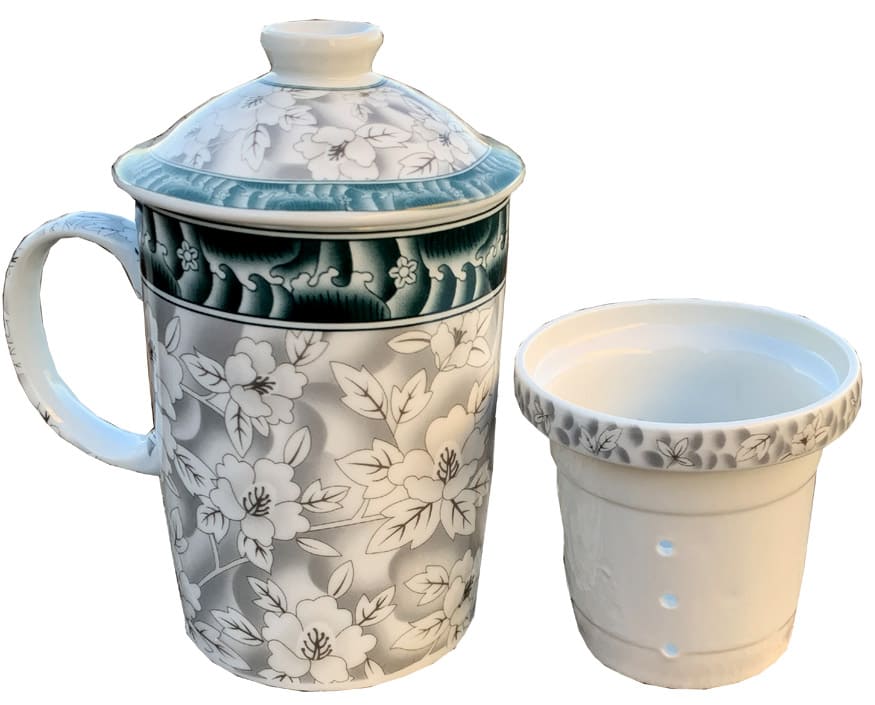 Mug teiera grigio fiori bianchi