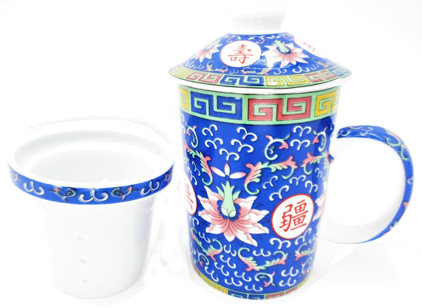Tazza blu teiera con loto rosa