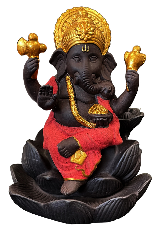 Porta incenso backflow terracotta Ganesh rosso su Lotus 12cm