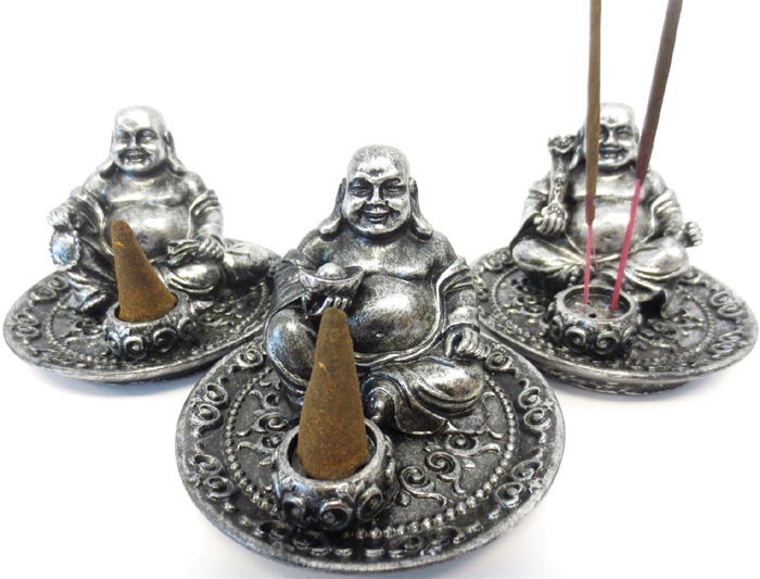 Incenso titolare felice Buddha d'argento x3 9cm