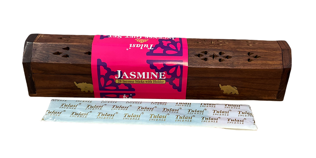 Porta incenso scatola di legno Elephant 30cm con 20 bastoncini incenso Tulasi Jasmin