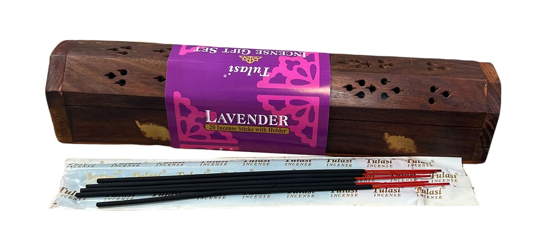 Porta incenso scatola di legno Elephant 30cm con 20 bastoncini incenso Tulasi Lavanda