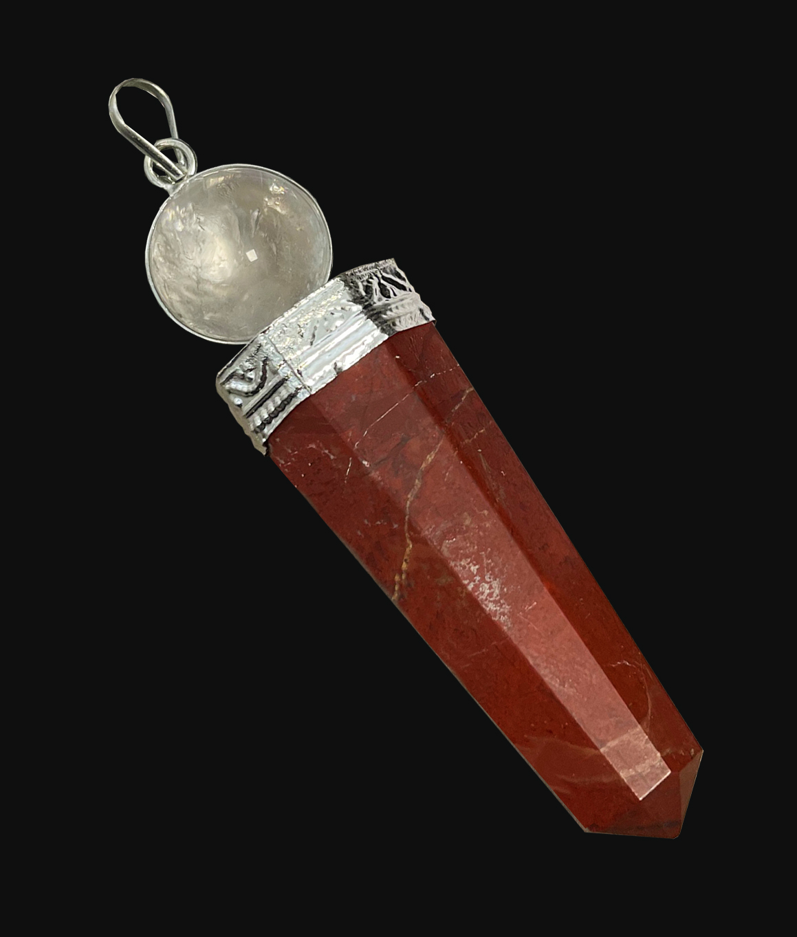Ciondolo bastone di cura Diaspro Rosso e Cristallo di Rocca 7cm