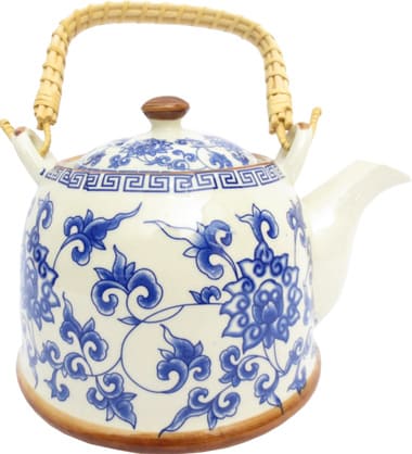 Porcellana bianca delle foglie di teiera blu