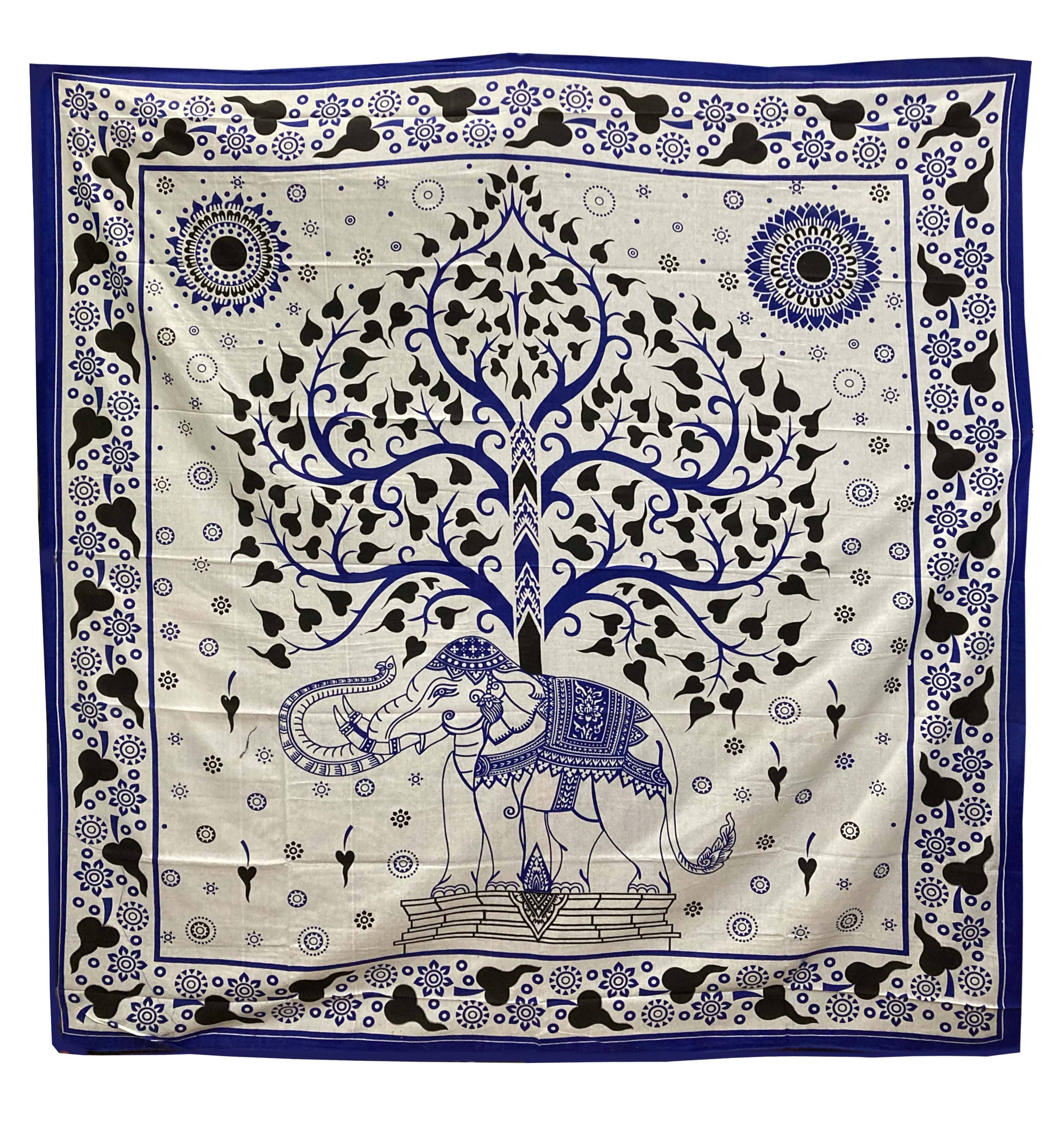 Arazzo albero di vita e elefante bianco blu e nero