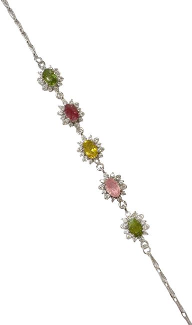 Bracciale con Tormalina AA Multicolor Fiori e Strass Argento 925