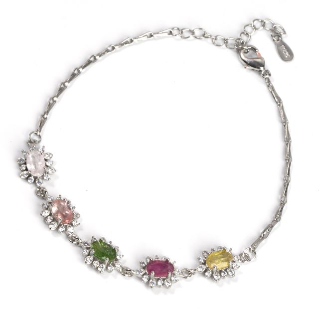 Bracciale con Tormalina AA Multicolor Fiori e Strass Argento 925