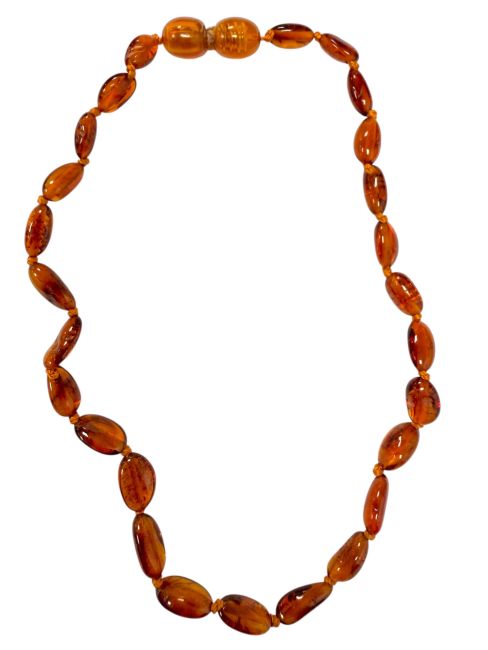 Collana Baby Pop, ambra baltica, oliva, cognac, 28 cm