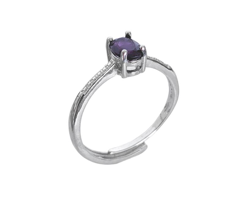 Anello solitario con ametista AA regolabile in rame bianco