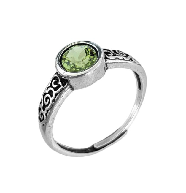 Anello in rame bianco regolabile rotondo sfaccettato con peridoto AA