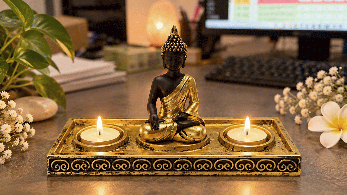 incenso ad Candeliere Buddha Meditazione Dorato e Nero in Resina 22 cm|it