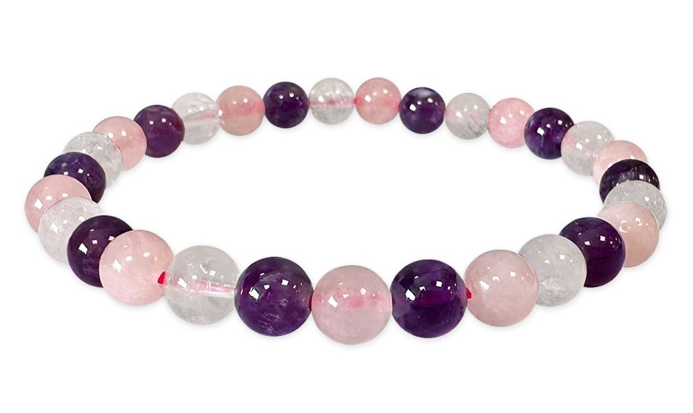 Bracciale Ametista & Cristallo di rocca & Quarzo rosa A perles 6mm