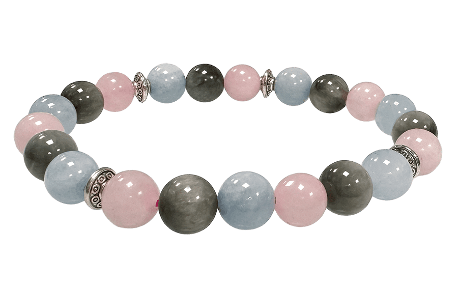 Bracciale Acquamarina, Quarzo rosa, Occhio di falco & Charms A 8mm