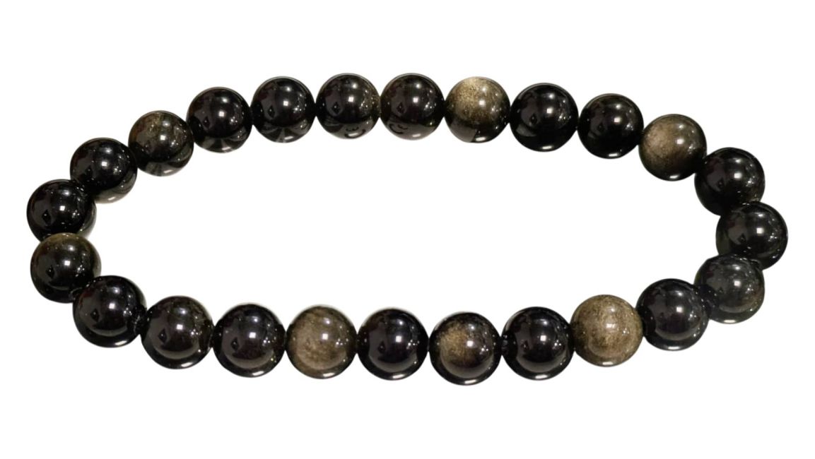 Bracciale perle di Ossidiana nera dorata A 8mm