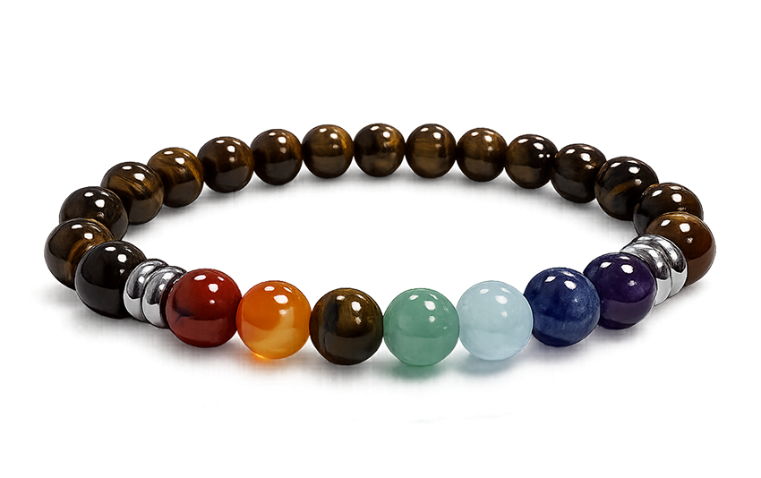 Bracciale in occhio di tigre con 7 chakra e perle da 8 mm