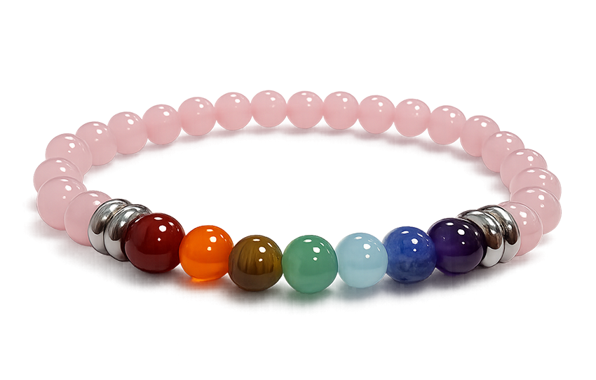 Bracciale in quarzo rosa con 7 chakra A perline 6 mm