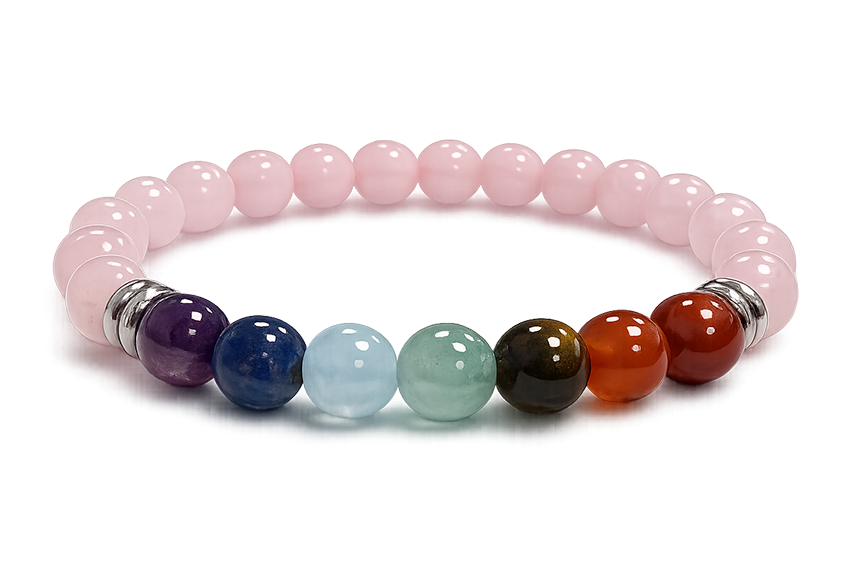 Bracciale in quarzo rosa con 7 chakra A perline 8 mm