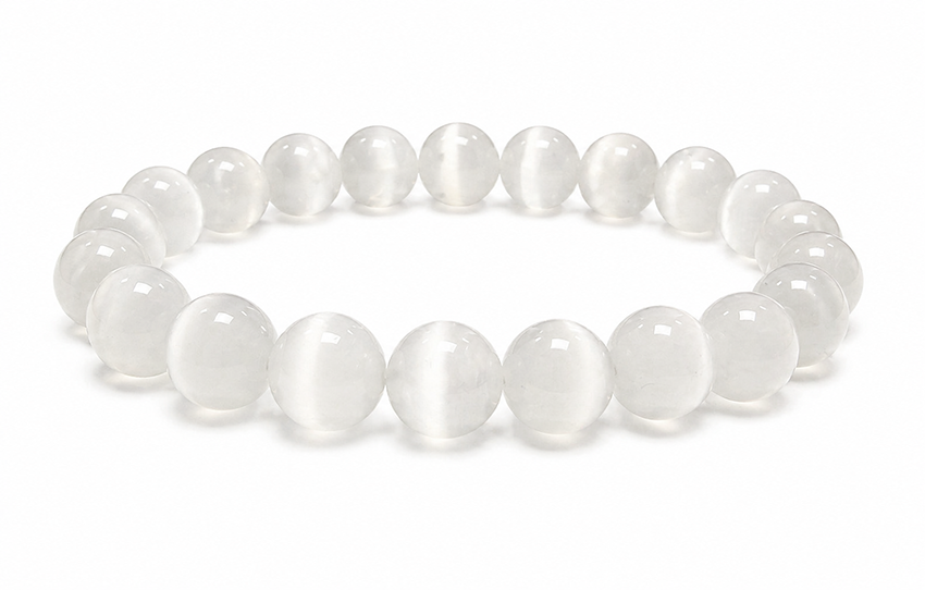 Bracciale in Selenite Occhio di Gatto A perle 10mm
