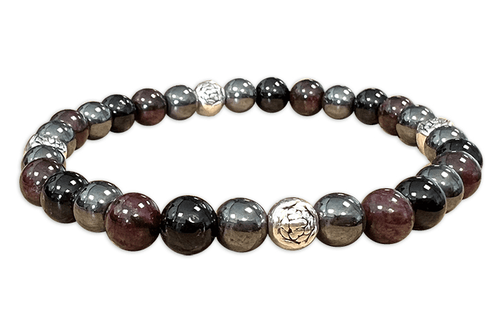 Bracciale tormalina nera, Rosso Granato, Ematite & Charms A 6mm