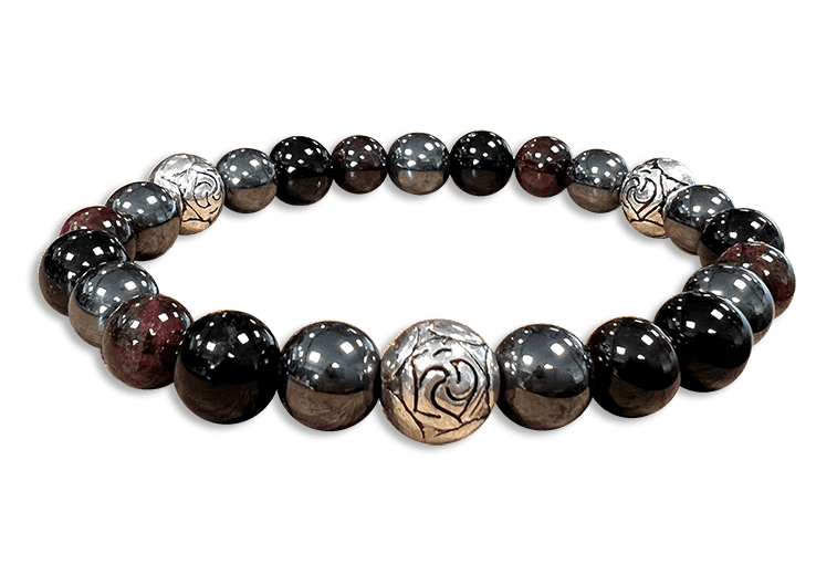 Bracciale tormalina nera, Rosso Granato, Ematite & Charms 8mm