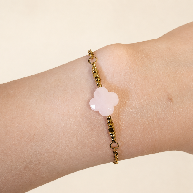 Bracciale Portafortuna in Quarzo Rosa A – Trifoglio