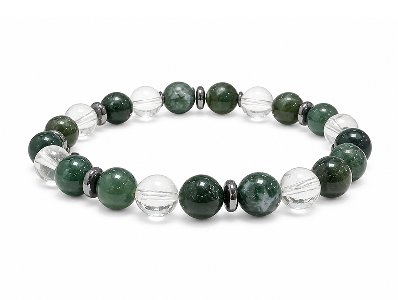 Bracciale in Cristallo di Rocca e Agata Muschiata AA perle 8mm