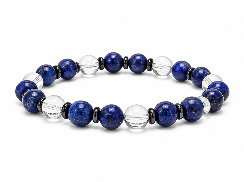 Bracciale in Cristallo di Rocca e Lapislazzuli AA perle 8mm