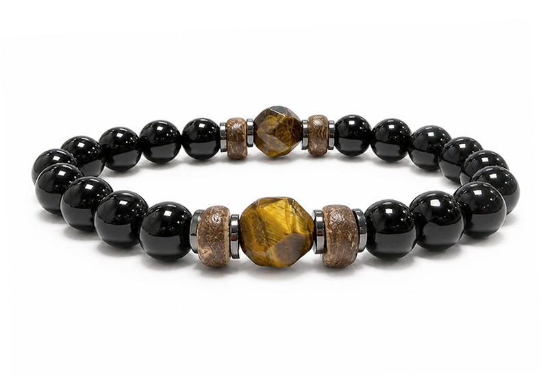 Bracciale Onice Nero e Occhio di Tigre A perle 8mm
