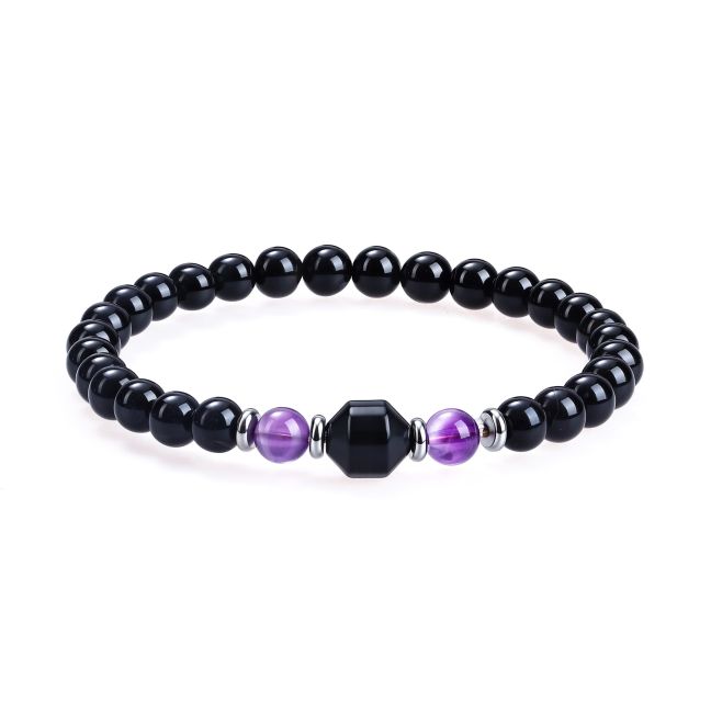 Bracciale in ametista, perle in onice nero da 6 mm
