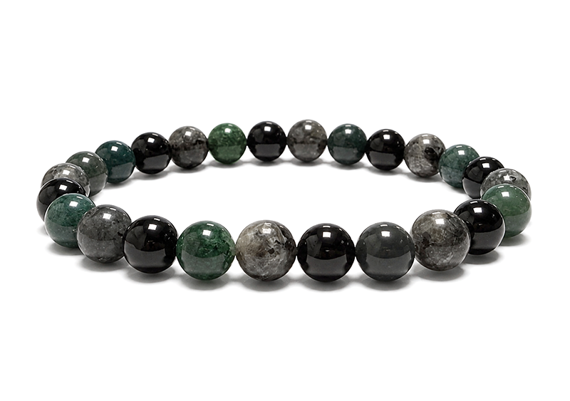 Bracciale in Larvikite, Agata Muschiata e Onice Nero A perle 8mm